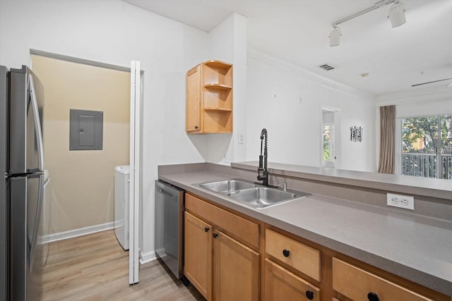 kitchen featuring washer and clothes dryer, electric panel, sink, light hardwood / wood-style floors, and stainless steel appliances