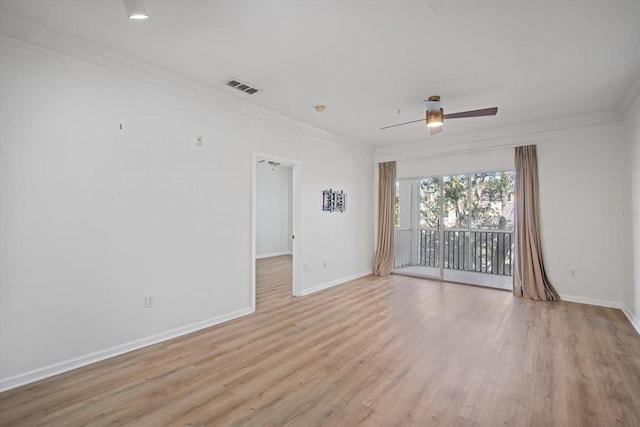 unfurnished room with ceiling fan, ornamental molding, and light wood-type flooring