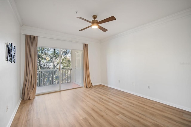 unfurnished room with light hardwood / wood-style floors, ceiling fan, and ornamental molding