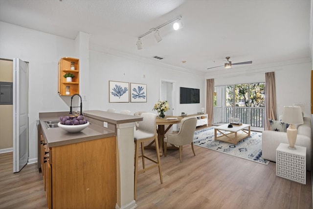 kitchen with light hardwood / wood-style flooring, ceiling fan, and crown molding