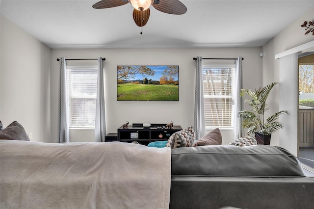 living room with ceiling fan and a healthy amount of sunlight