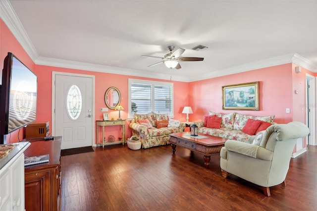 living room featuring ceiling fan, crown molding, and dark wood-type flooring