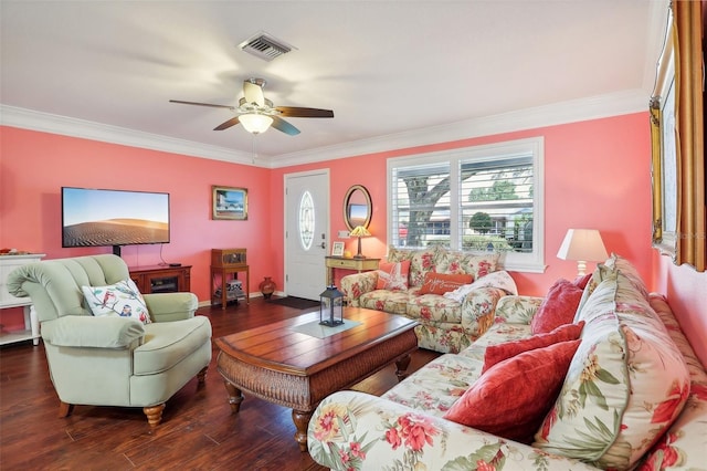 living room featuring dark hardwood / wood-style floors, ceiling fan, and ornamental molding