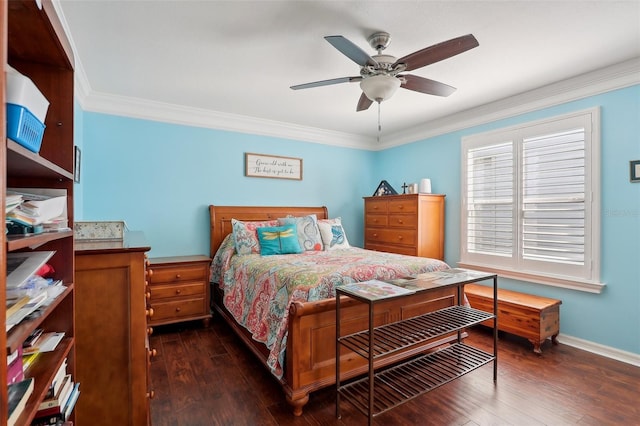 bedroom with ceiling fan, dark hardwood / wood-style flooring, and crown molding