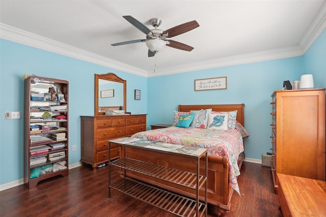 bedroom with dark hardwood / wood-style floors, ceiling fan, and ornamental molding