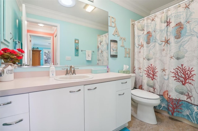 bathroom featuring tile patterned flooring, vanity, toilet, and ornamental molding