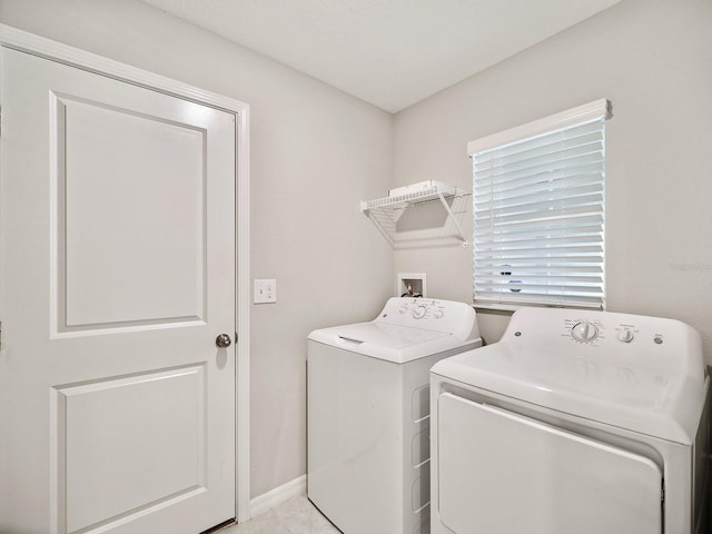 laundry room featuring laundry area, independent washer and dryer, and baseboards