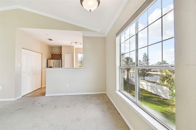 unfurnished room featuring light colored carpet, ornamental molding, and a wealth of natural light