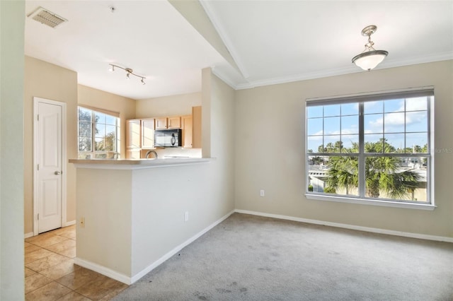 kitchen with kitchen peninsula, light brown cabinets, light colored carpet, and crown molding