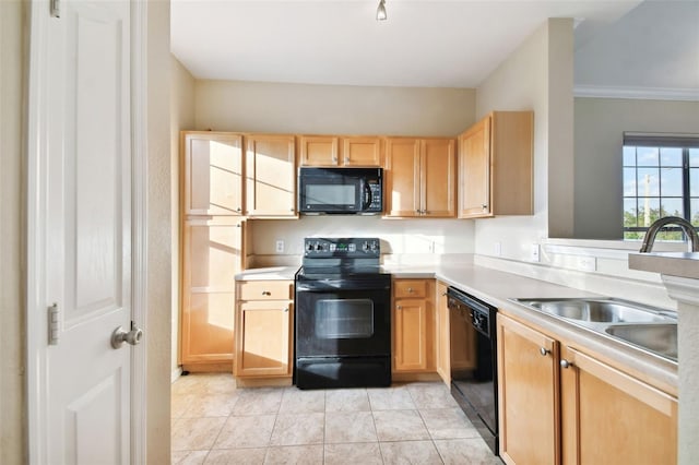 kitchen with crown molding, sink, black appliances, light brown cabinets, and light tile patterned floors