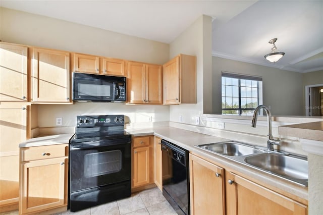 kitchen with light brown cabinets, sink, crown molding, light tile patterned floors, and black appliances