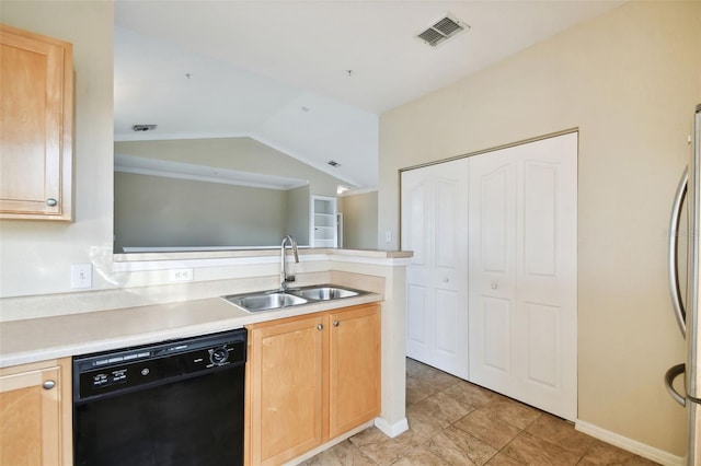 kitchen with stainless steel refrigerator, light brown cabinets, sink, black dishwasher, and vaulted ceiling