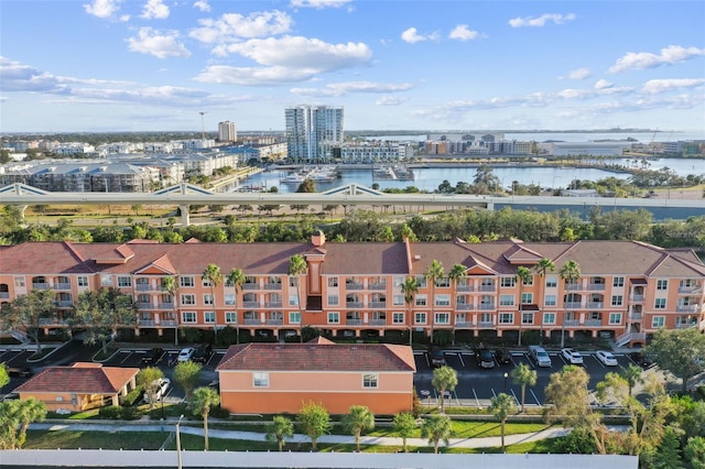 aerial view featuring a water view