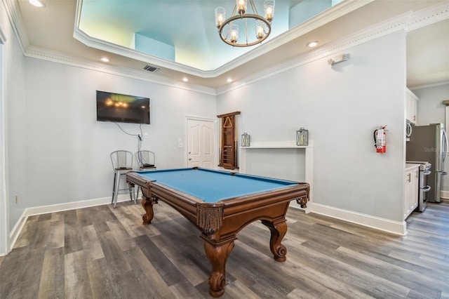 rec room featuring crown molding, wood-type flooring, and billiards