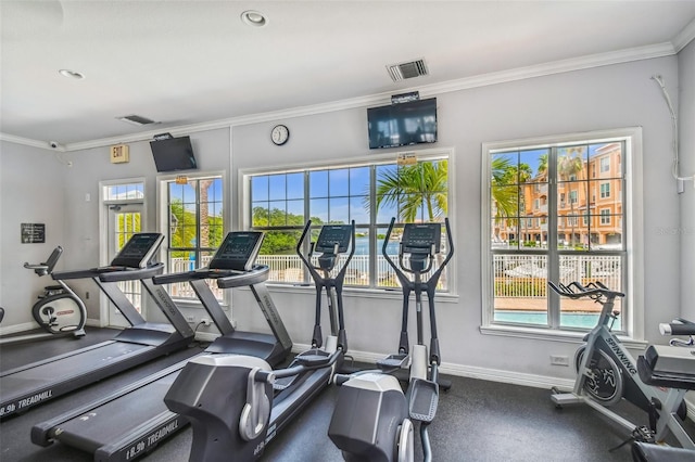 exercise room with a healthy amount of sunlight and ornamental molding