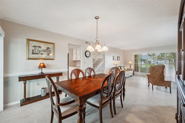 dining room with baseboards, stairway, ornamental molding, a textured ceiling, and a notable chandelier