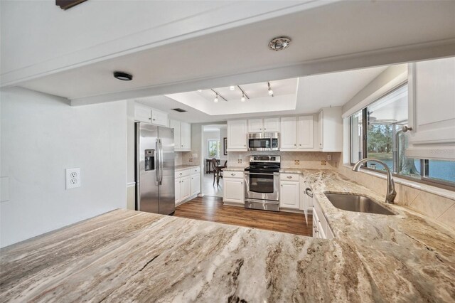 kitchen featuring a raised ceiling, appliances with stainless steel finishes, a sink, white cabinetry, and backsplash