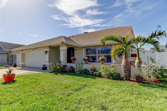 single story home with a garage and a front lawn