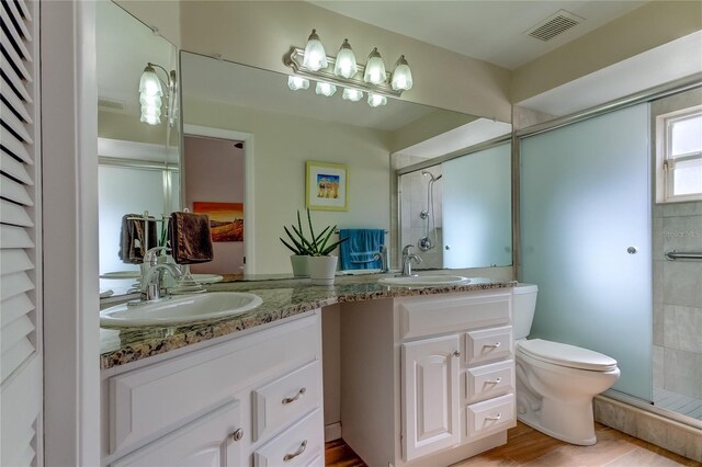 bathroom with vanity, an enclosed shower, and toilet