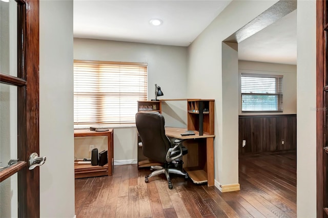 office area with dark hardwood / wood-style floors