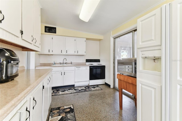 kitchen featuring white cabinetry, sink, and white appliances