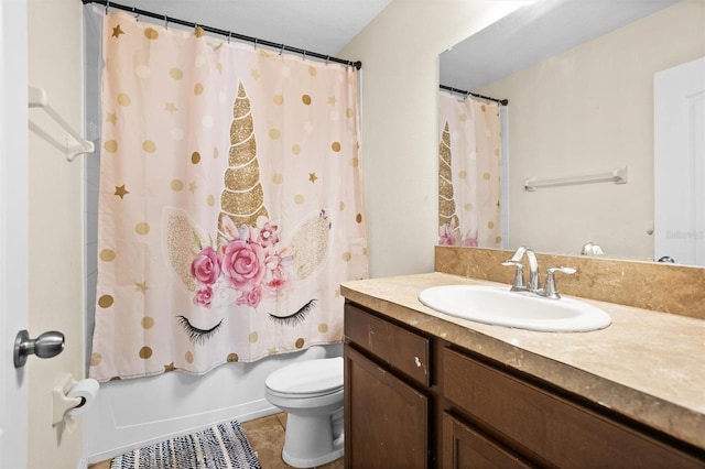 full bathroom featuring toilet, shower / bath combo, vanity, and tile patterned floors