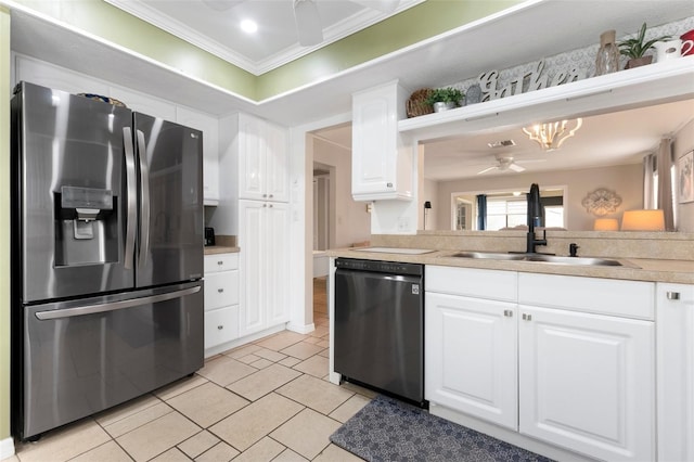 kitchen featuring dishwasher, white cabinets, sink, ceiling fan, and stainless steel fridge with ice dispenser