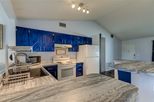 kitchen with white appliances, sink, blue cabinetry, dark hardwood / wood-style floors, and lofted ceiling