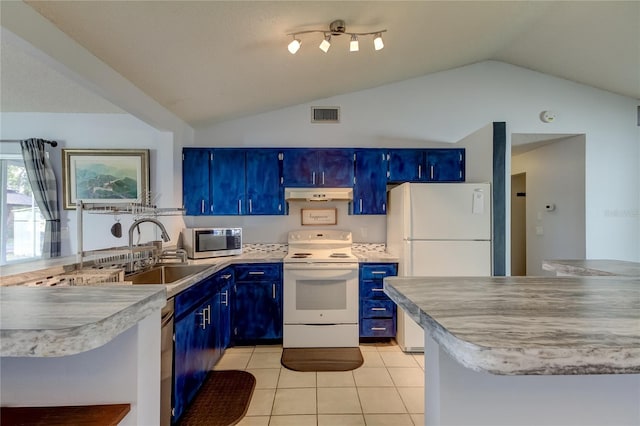 kitchen with blue cabinetry, lofted ceiling, sink, and white appliances