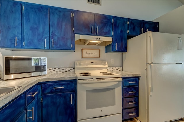 kitchen featuring blue cabinetry and white appliances