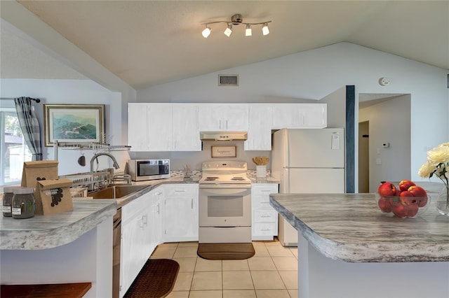 kitchen with under cabinet range hood, white appliances, a sink, visible vents, and white cabinets