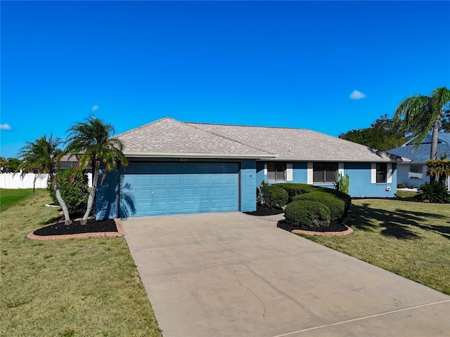 single story home featuring an attached garage, concrete driveway, a front yard, and roof with shingles