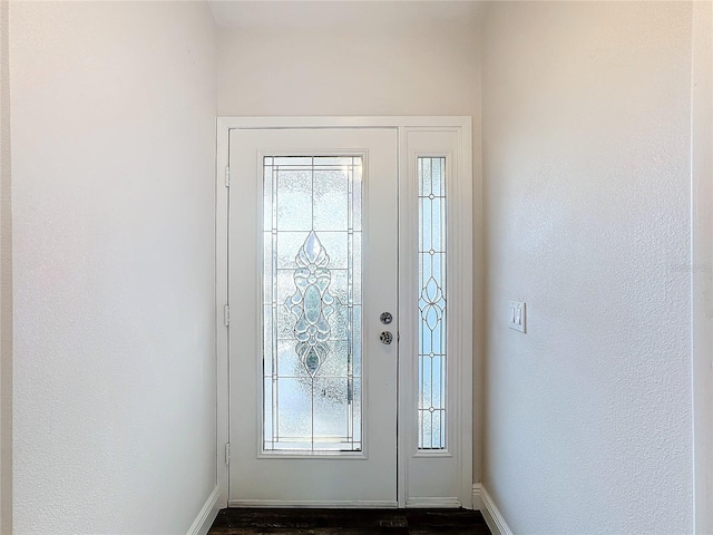 foyer entrance with plenty of natural light, baseboards, dark wood-style floors, and a textured wall