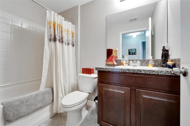 full bathroom with tile patterned floors, a textured ceiling, toilet, vanity, and shower / tub combo