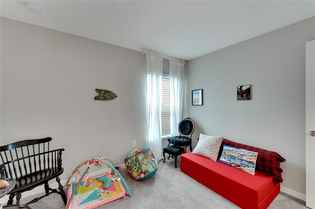 bedroom with light colored carpet