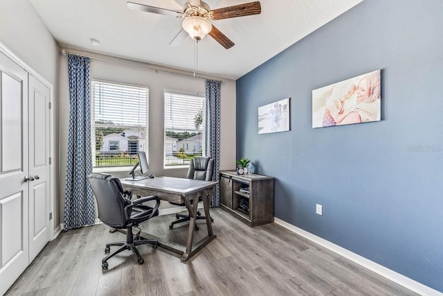 home office featuring ceiling fan and light hardwood / wood-style floors