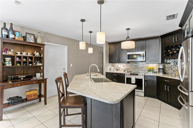 kitchen with sink, tasteful backsplash, an island with sink, pendant lighting, and appliances with stainless steel finishes