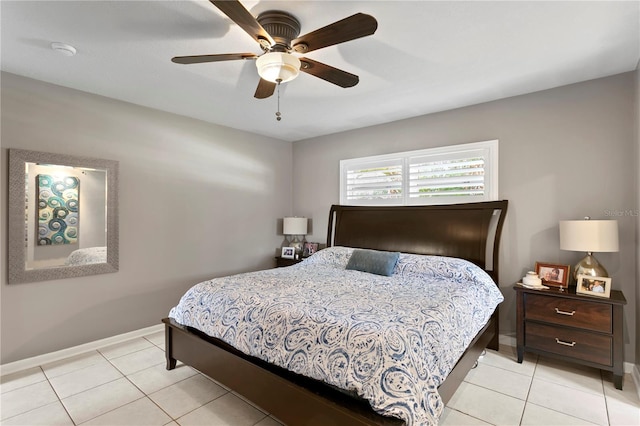 bedroom featuring ceiling fan and light tile patterned flooring