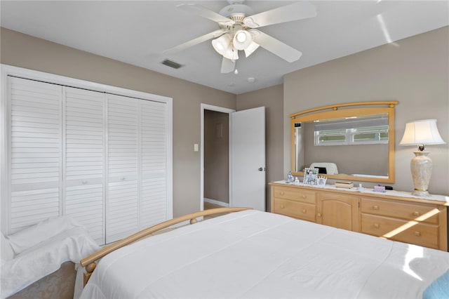 bedroom with ceiling fan and a closet