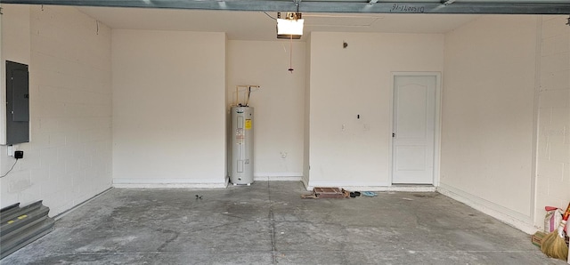 garage featuring electric panel, a garage door opener, and water heater