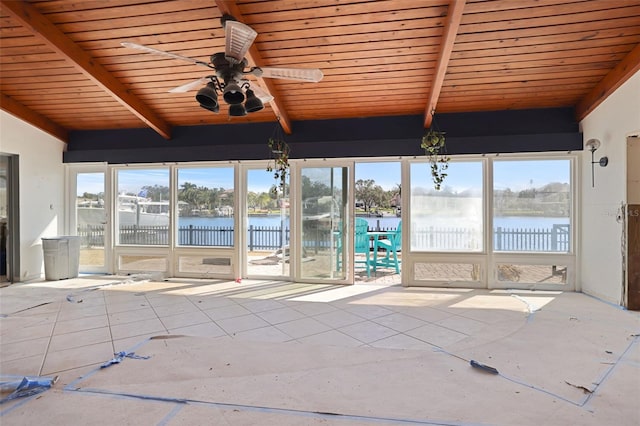 unfurnished sunroom featuring a healthy amount of sunlight, a water view, and wood ceiling