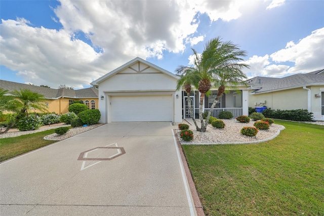 single story home featuring covered porch, a garage, and a front lawn