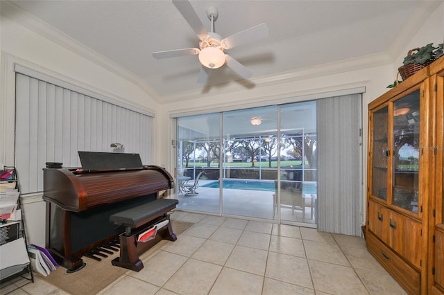 miscellaneous room with ceiling fan, light tile patterned floors, and ornamental molding