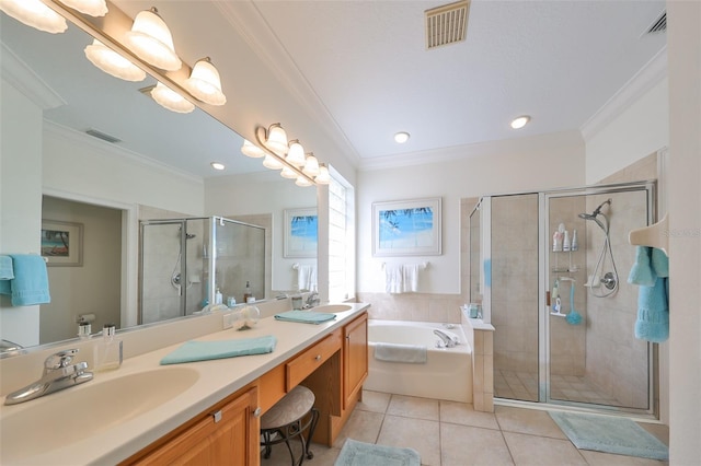 bathroom with tile patterned flooring, vanity, plus walk in shower, and ornamental molding