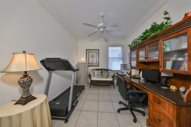 office space featuring ceiling fan, crown molding, and light tile patterned flooring