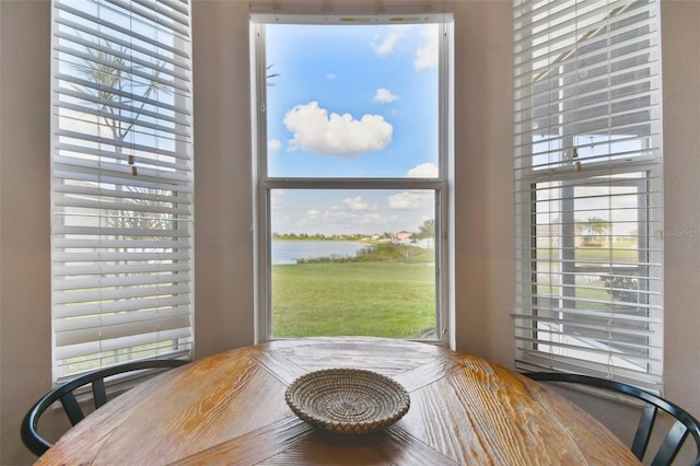 dining space with a healthy amount of sunlight and a water view