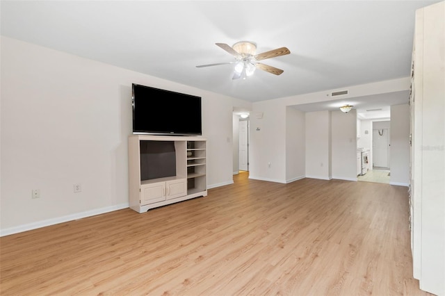 unfurnished living room featuring ceiling fan and light wood-type flooring