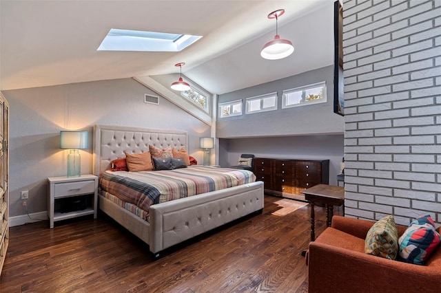 bedroom featuring brick wall, dark wood-type flooring, and lofted ceiling