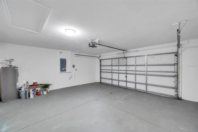 garage featuring electric panel, a garage door opener, and water heater