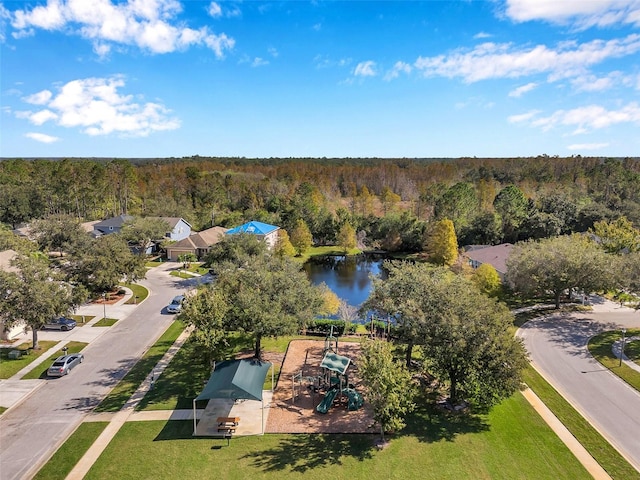 birds eye view of property featuring a water view